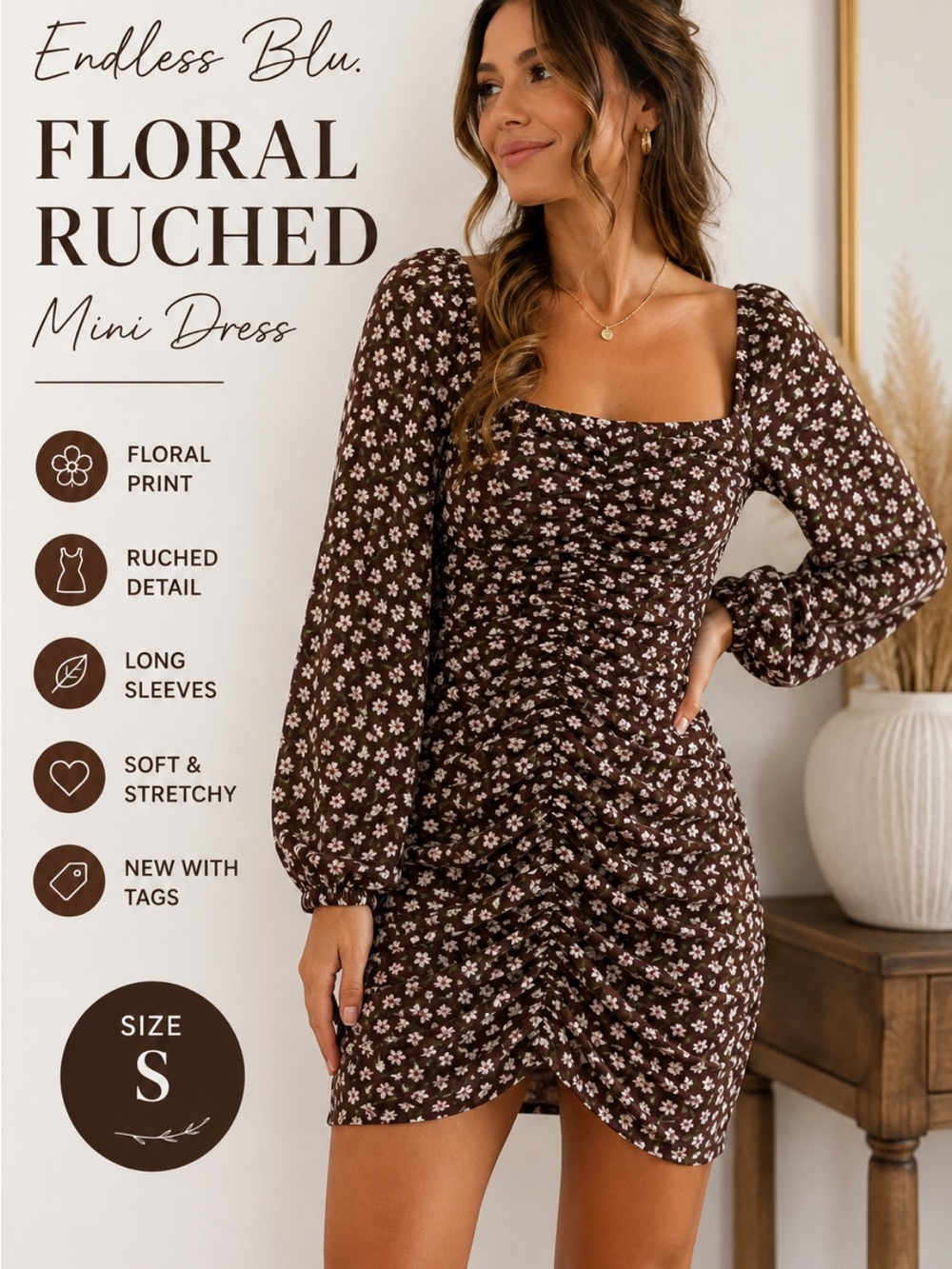 Endless Blu. Brown Floral Ruched Mini Dress